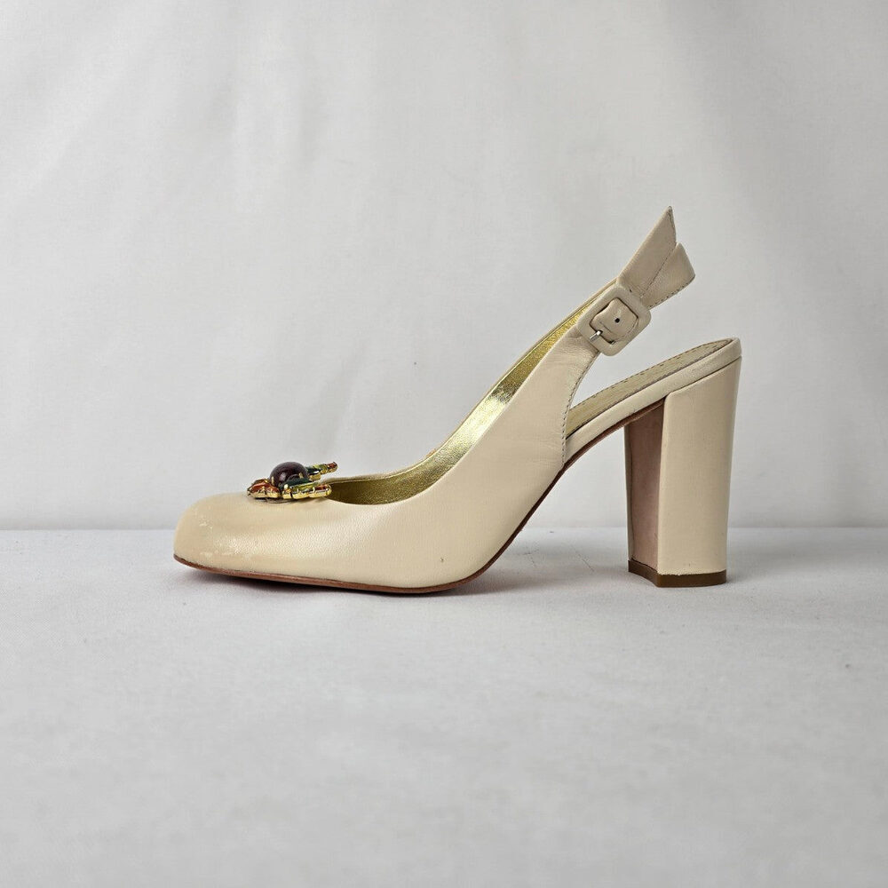 Tyler Richard Tyler Ivory Leather Heels Jewel Toe Block Heel Pumps Size 10